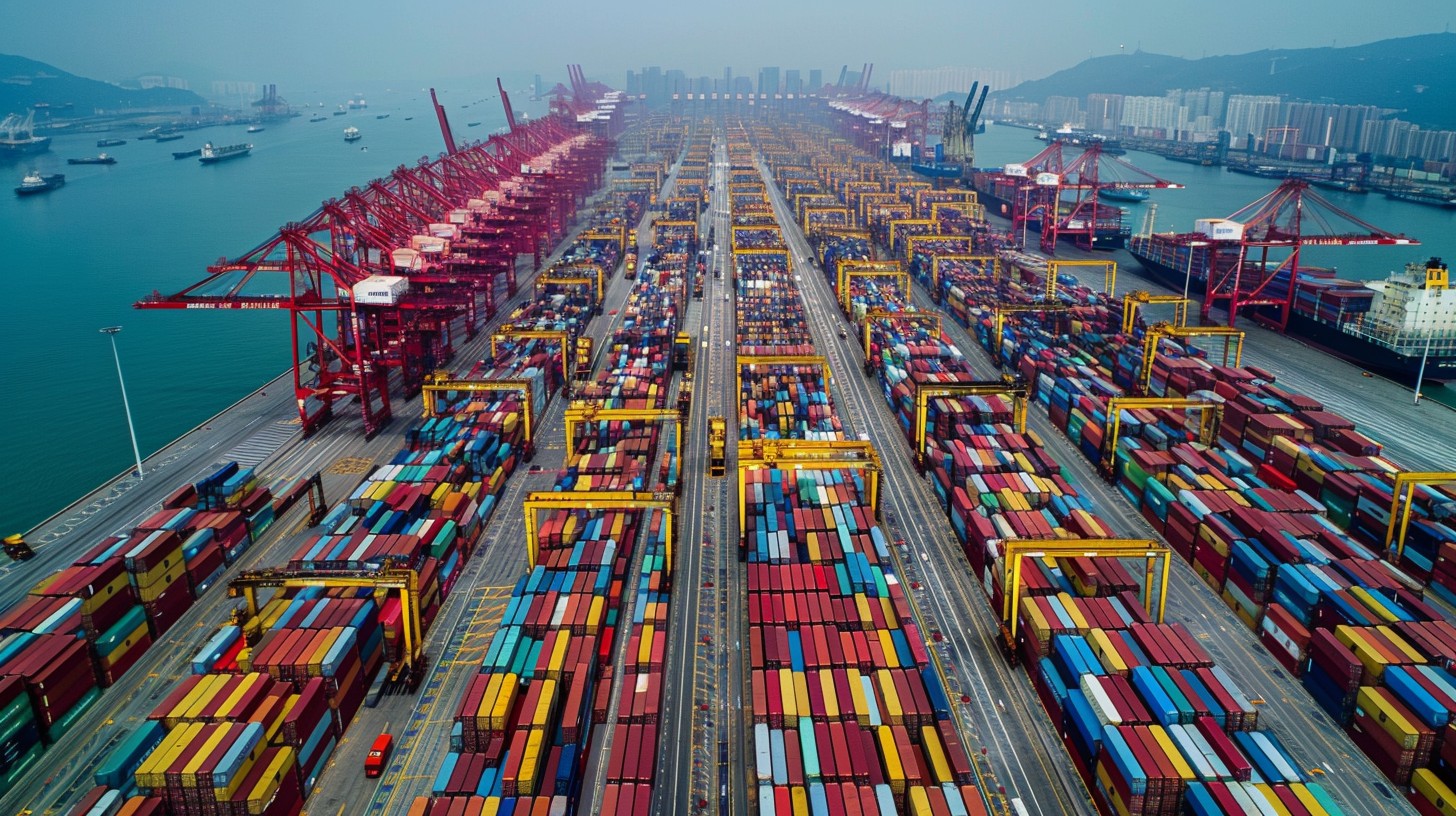Aerial view of a busy container terminal with cranes and stacked containers