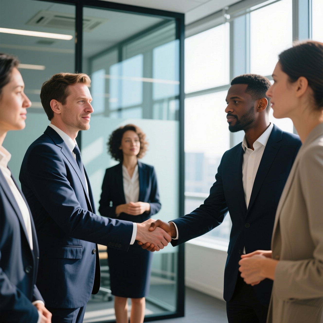 Business partners shaking hands after agreeing a sourcing deal
