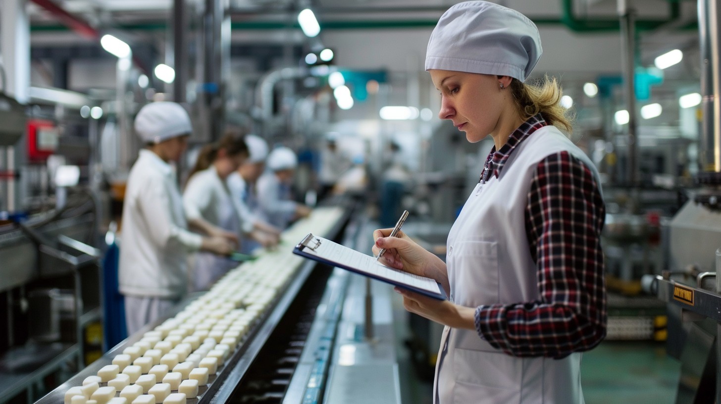 Quality inspector recording checks on a production line